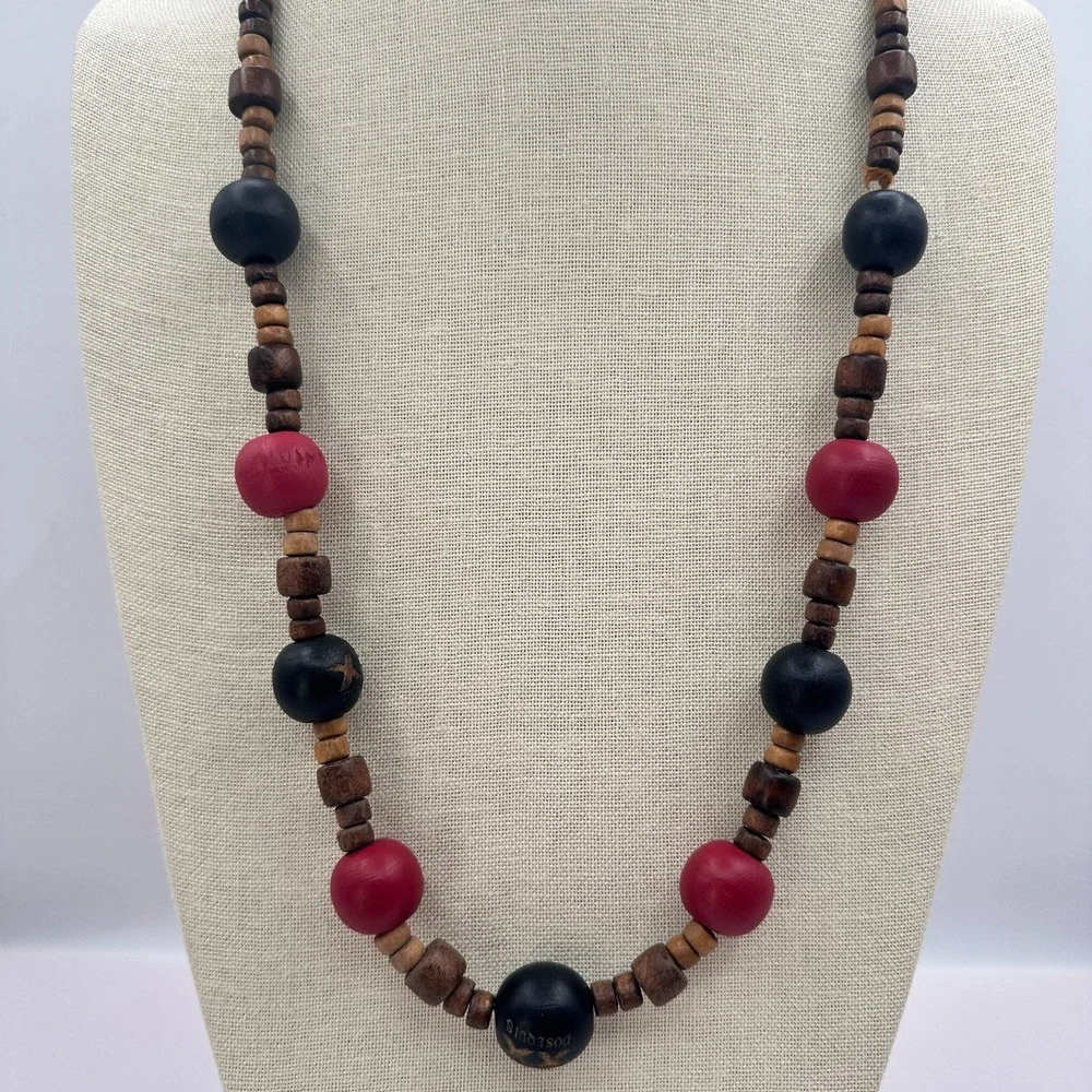 Vintage 90s Dos Equis Wood Bead Necklace Boho Tribal Women's Jewelry